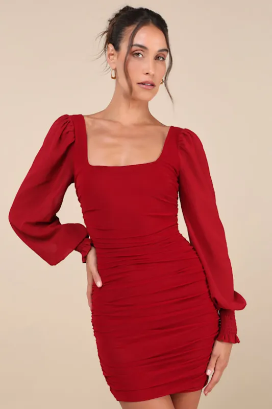 Perfect Sensation Red Mesh Ruched Puff Sleeve Mini Dress sold by Lulus