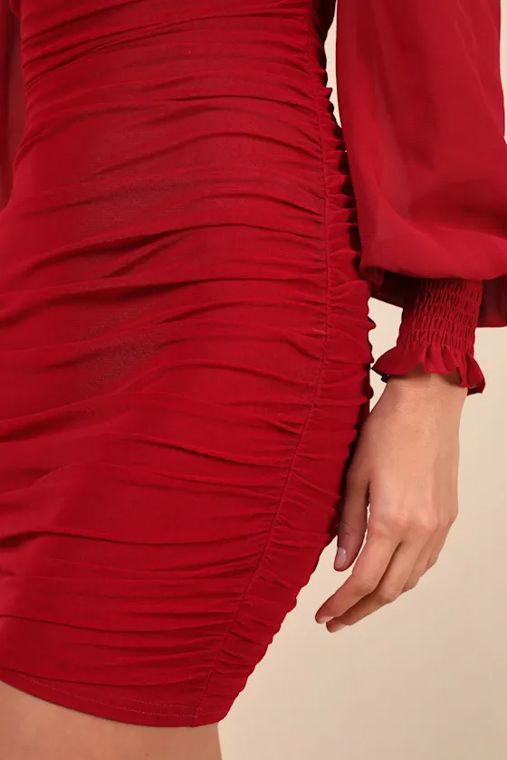 Perfect Sensation Red Mesh Ruched Puff Sleeve Mini Dress sold by Lulus product image thumbnail 4