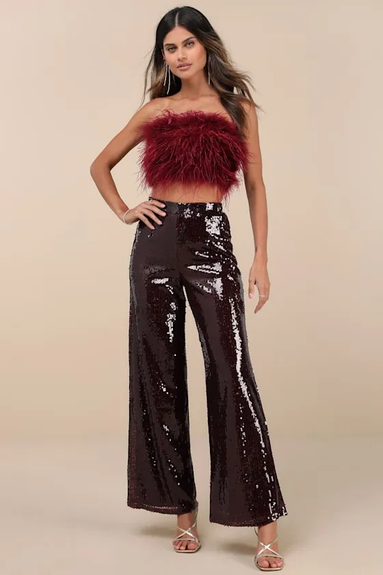 Celebrity Shine Burgundy Feather Sequin Two-Piece Jumpsuit sold by Lulus