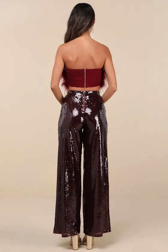 Celebrity Shine Burgundy Feather Sequin Two-Piece Jumpsuit sold by Lulus product image thumbnail 2