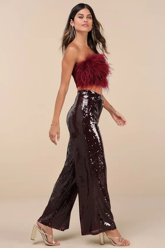 Celebrity Shine Burgundy Feather Sequin Two-Piece Jumpsuit sold by Lulus product image thumbnail 3