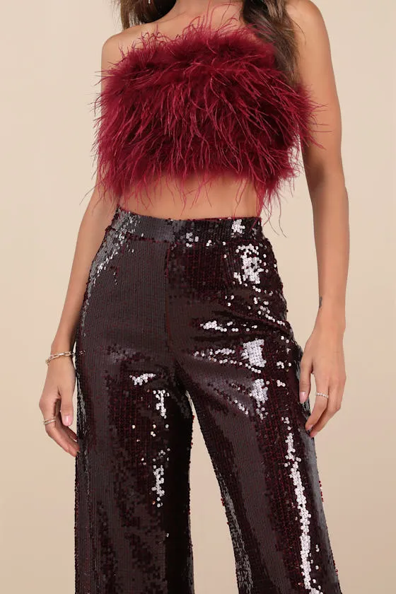 Celebrity Shine Burgundy Feather Sequin Two-Piece Jumpsuit sold by Lulus product image thumbnail 4