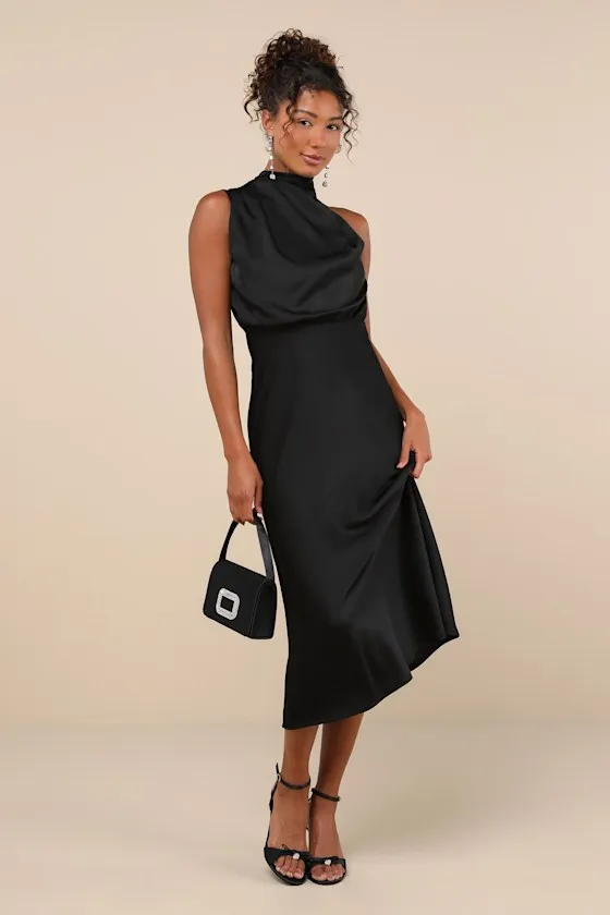 Distinctive Charm Black Satin Asymmetrical Midi Dress sold by Lulus
