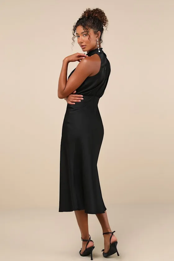 Distinctive Charm Black Satin Asymmetrical Midi Dress sold by Lulus product image thumbnail 2