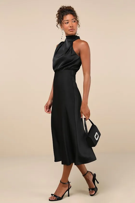 Distinctive Charm Black Satin Asymmetrical Midi Dress sold by Lulus product image thumbnail 3