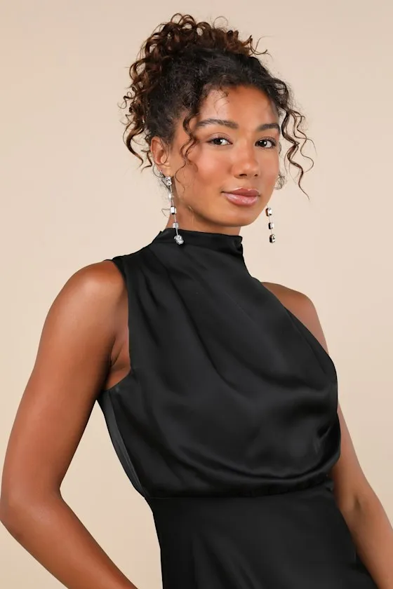 Distinctive Charm Black Satin Asymmetrical Midi Dress sold by Lulus product image thumbnail 4