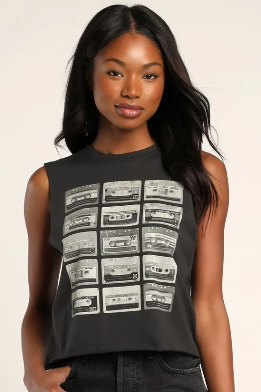 Cassette Washed Black Cropped Graphic Muscle Tank Top sold by Lulus