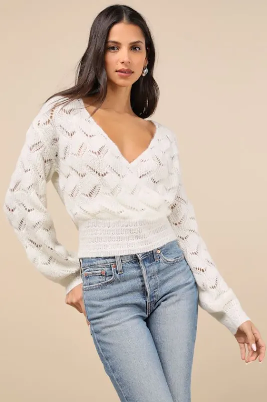 Remarkable Forecast Ivory Pointelle Knit Surplice Sweater Top sold by Lulus