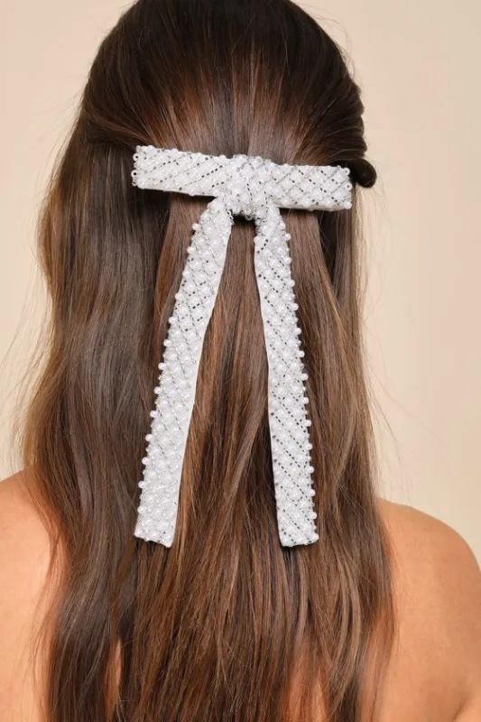 Exemplary Sweetness White Pearl Beaded Bow Hair Clip sold by Lulus