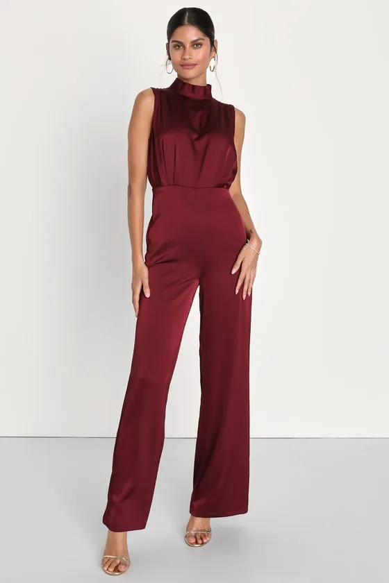 Classic Elegance Wine Red Satin Sleeveless Mock Neck Jumpsuit sold by Lulus