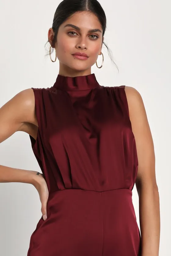 Classic Elegance Wine Red Satin Sleeveless Mock Neck Jumpsuit sold by Lulus product image thumbnail 2