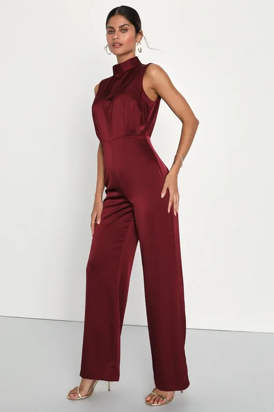 Classic Elegance Wine Red Satin Sleeveless Mock Neck Jumpsuit sold by Lulus product image thumbnail 4