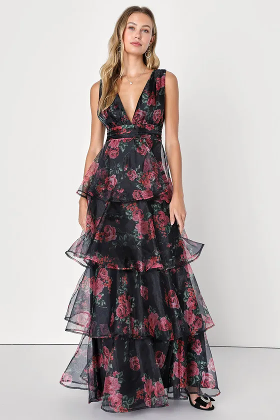 Garden Radiance Black Floral Print Organza Tiered Maxi Dress sold by Lulus