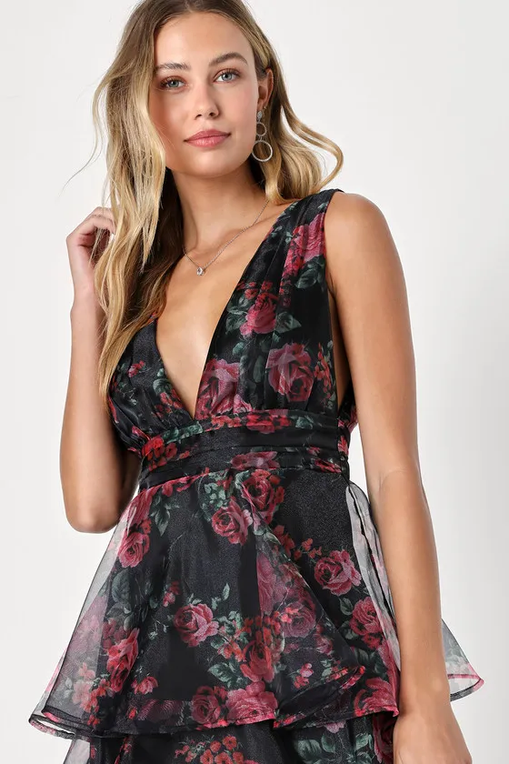 Garden Radiance Black Floral Print Organza Tiered Maxi Dress sold by Lulus product image thumbnail 2