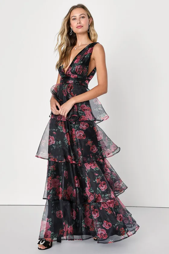 Garden Radiance Black Floral Print Organza Tiered Maxi Dress sold by Lulus product image thumbnail 3