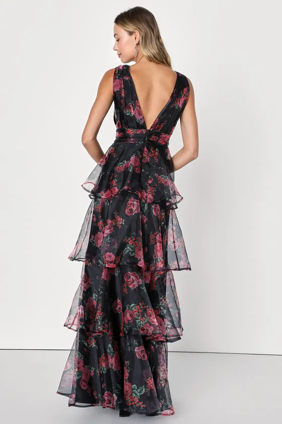 Garden Radiance Black Floral Print Organza Tiered Maxi Dress sold by Lulus product image thumbnail 4