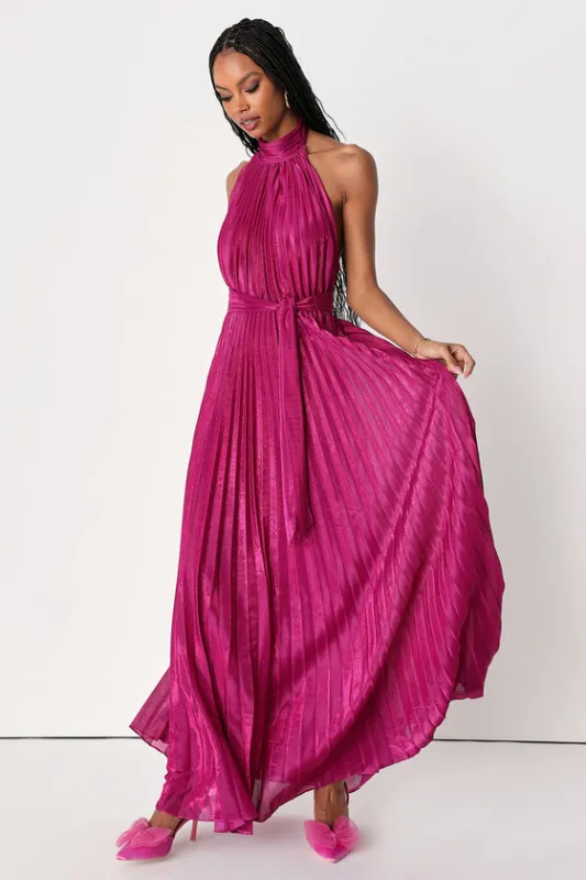 Everlasting Glow Shiny Magenta Pleated Halter Maxi Dress made by Lulus