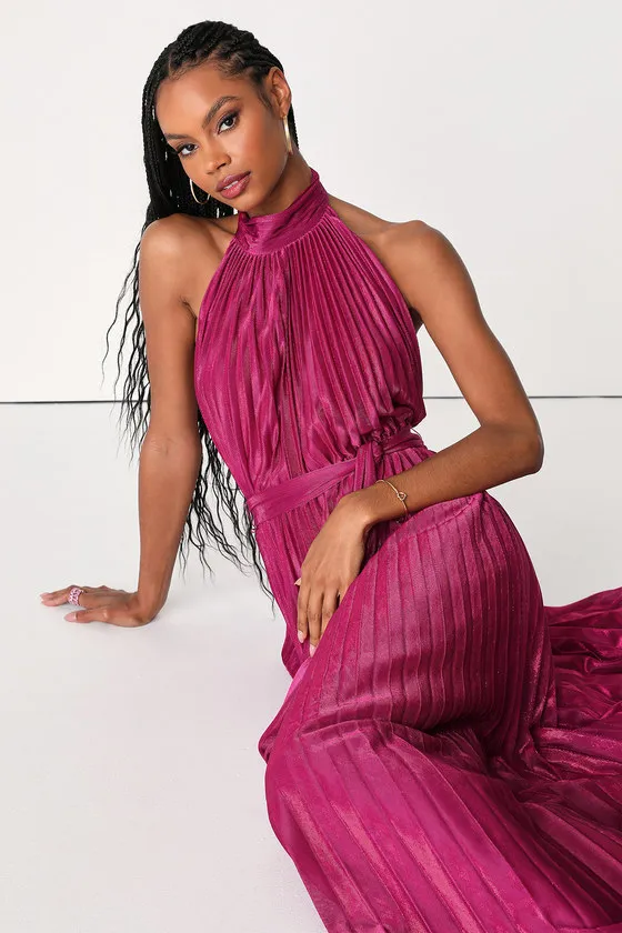 Everlasting Glow Shiny Magenta Pleated Halter Maxi Dress sold by Lulus product image thumbnail 2