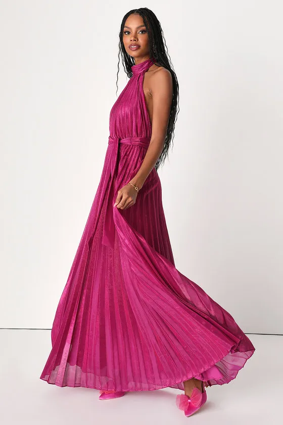 Everlasting Glow Shiny Magenta Pleated Halter Maxi Dress sold by Lulus product image thumbnail 4
