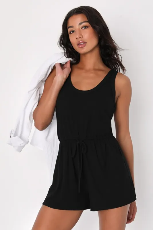Laid-Back Luck Black Ribbed Knit Drawstring Lounge Romper sold by Lulus