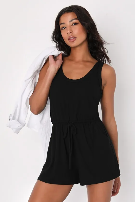 Laid-Back Luck Black Ribbed Knit Drawstring Lounge Romper sold by Lulus