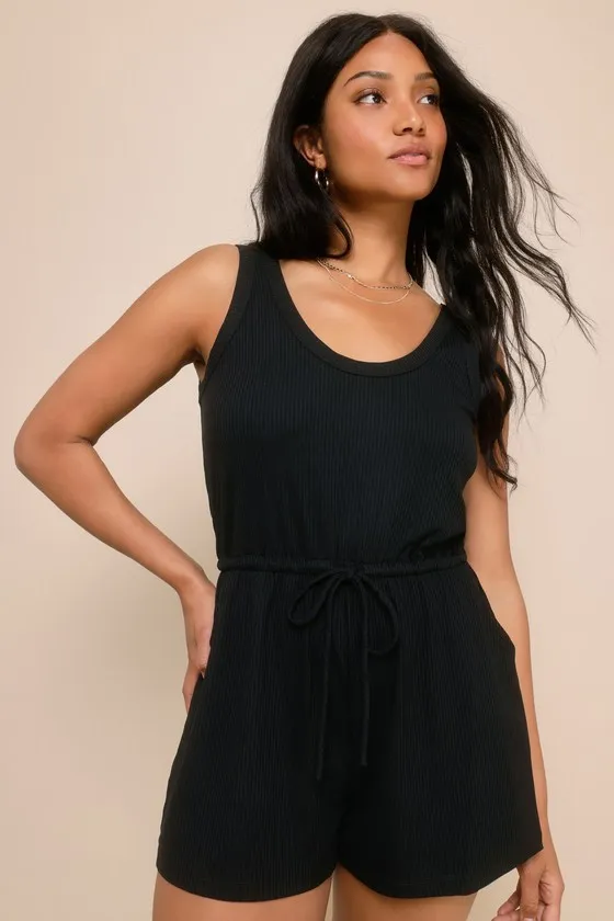 Laid-Back Luck Black Ribbed Knit Drawstring Lounge Romper sold by Lulus product image thumbnail 2