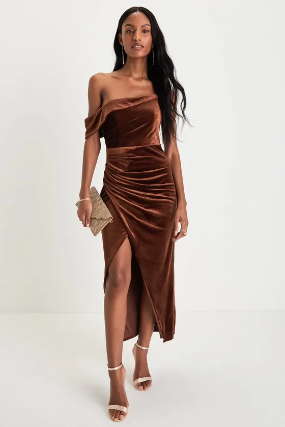 Showing Off a Little Brown Velvet Asymmetrical Tulip Midi Dress sold by Lulus