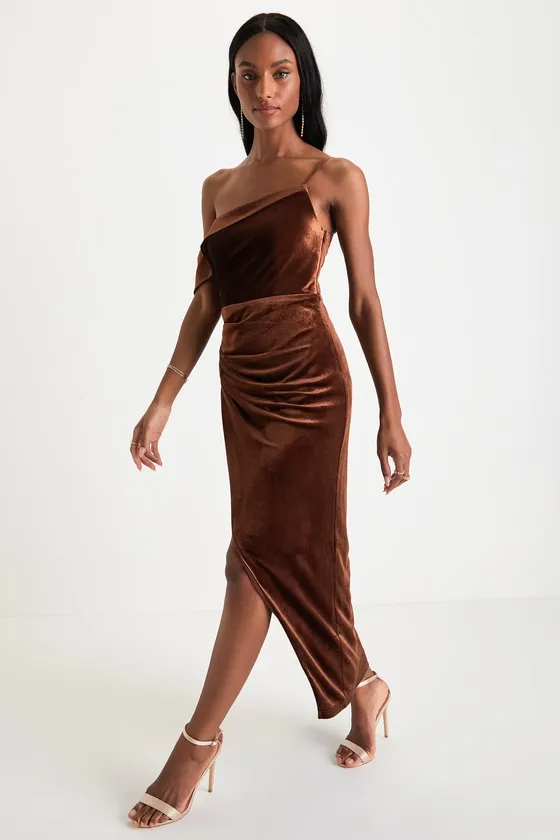 Showing Off a Little Brown Velvet Asymmetrical Tulip Midi Dress sold by Lulus product image thumbnail 2