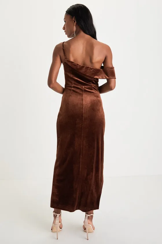 Showing Off a Little Brown Velvet Asymmetrical Tulip Midi Dress sold by Lulus product image thumbnail 3