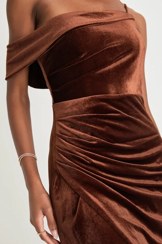 Showing Off a Little Brown Velvet Asymmetrical Tulip Midi Dress sold by Lulus product image thumbnail 4