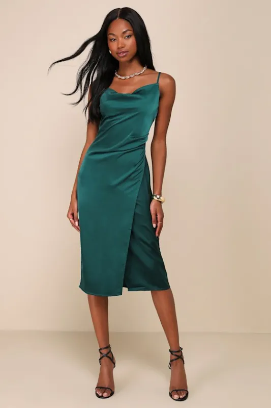 Hollywood Woman Forest Green Satin Midi Dress sold by Lulus