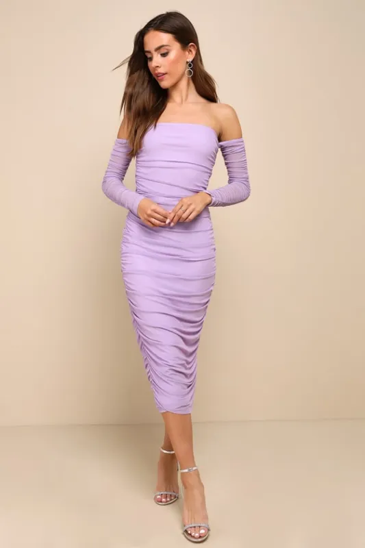 Desirable Date Lavender Mesh Ruched Off-the-Shoulder Midi Dress sold by Lulus