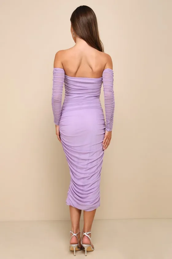 Desirable Date Lavender Mesh Ruched Off-the-Shoulder Midi Dress sold by Lulus product image thumbnail 3