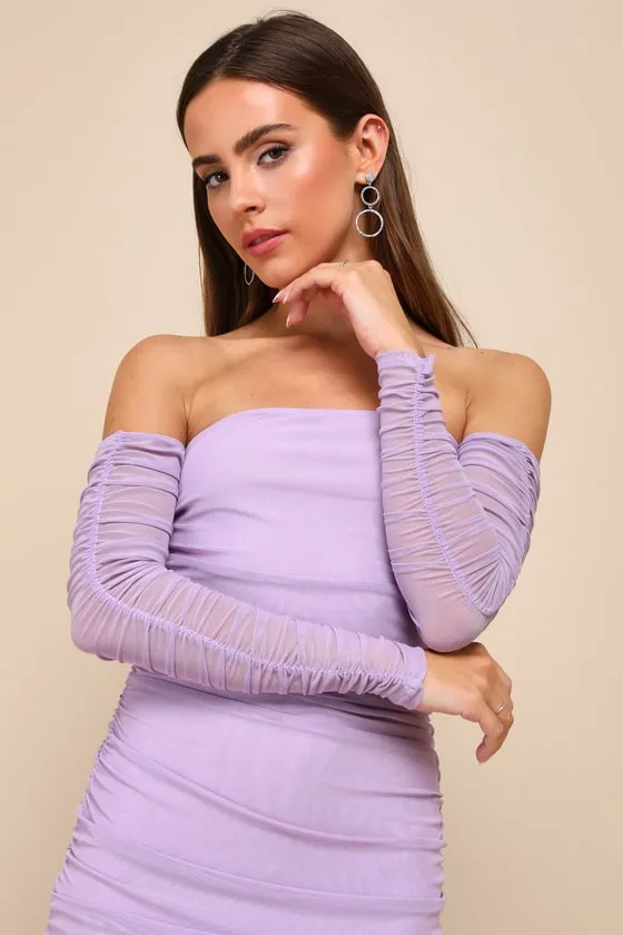 Desirable Date Lavender Mesh Ruched Off-the-Shoulder Midi Dress sold by Lulus product image thumbnail 4