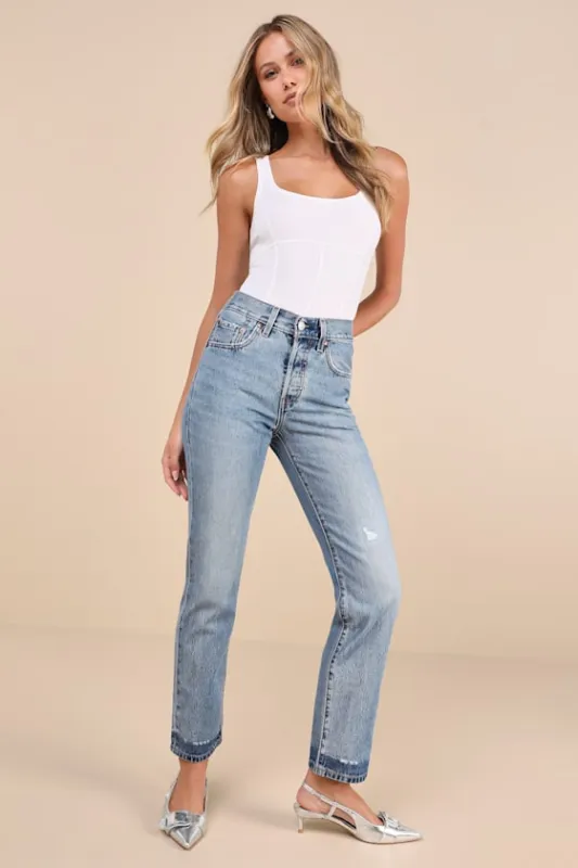 501 Straight Medium Wash Distressed Cropped Denim Jeans sold by Lulus