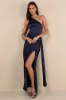 Signature Elegance Navy Satin One-Shoulder Maxi Dress sold by Lulus