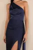 Signature Elegance Navy Satin One-Shoulder Maxi Dress sold by Lulus
