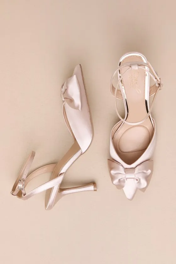 Yanna Champagne Satin Bow Pointed-Toe Ankle Strap Pumps sold by Lulus product image thumbnail 3