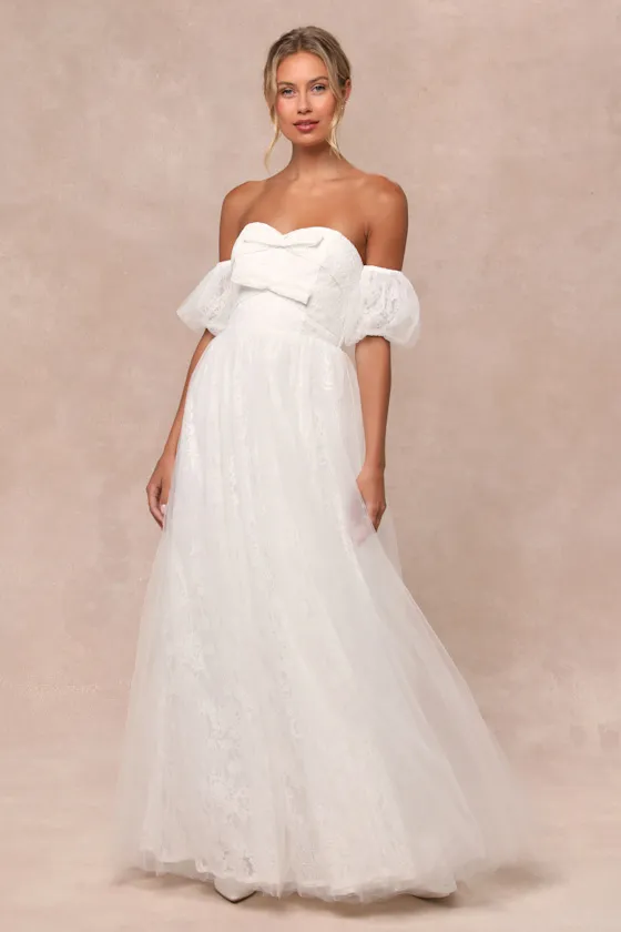 Complete Romantic White Lace Off-the-Shoulder Bow Maxi Dress sold by Lulus