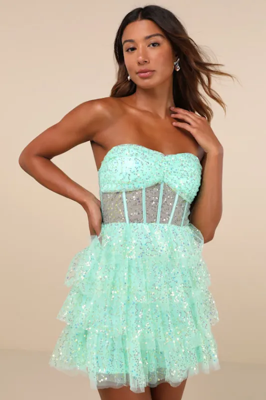Illustrious Glow Mint Green Sheer Tulle Sequin Tiered Mini Dress made by Lulus