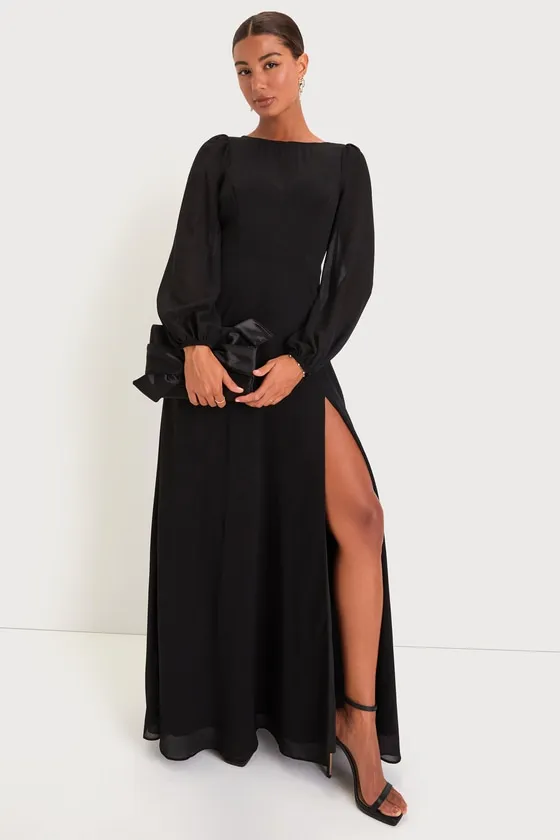 Prestigious Poise Black Backless Balloon Sleeve Maxi Dress sold by Lulus