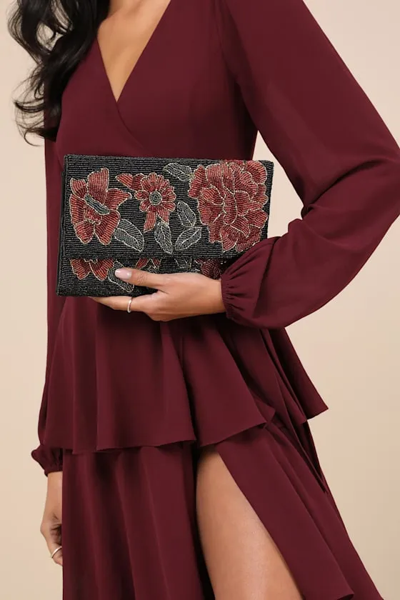 Radiant Flourishment Black Floral Beaded Clutch sold by Lulus