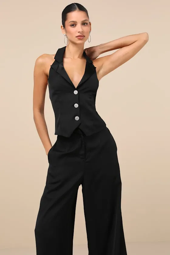 Captivating Sophistication Black Halter Vest Jumpsuit sold by Lulus