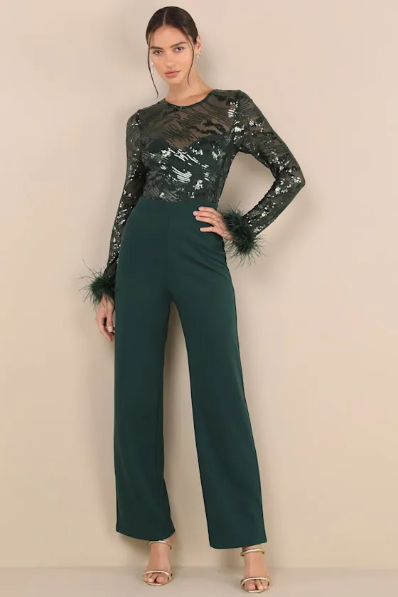 Limitless Radiance Green Sequin Feather Long Sleeve Jumpsuit sold by Lulus