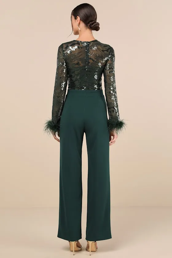 Limitless Radiance Green Sequin Feather Long Sleeve Jumpsuit sold by Lulus product image thumbnail 2