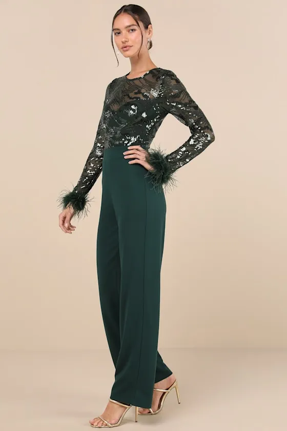 Limitless Radiance Green Sequin Feather Long Sleeve Jumpsuit sold by Lulus product image thumbnail 4