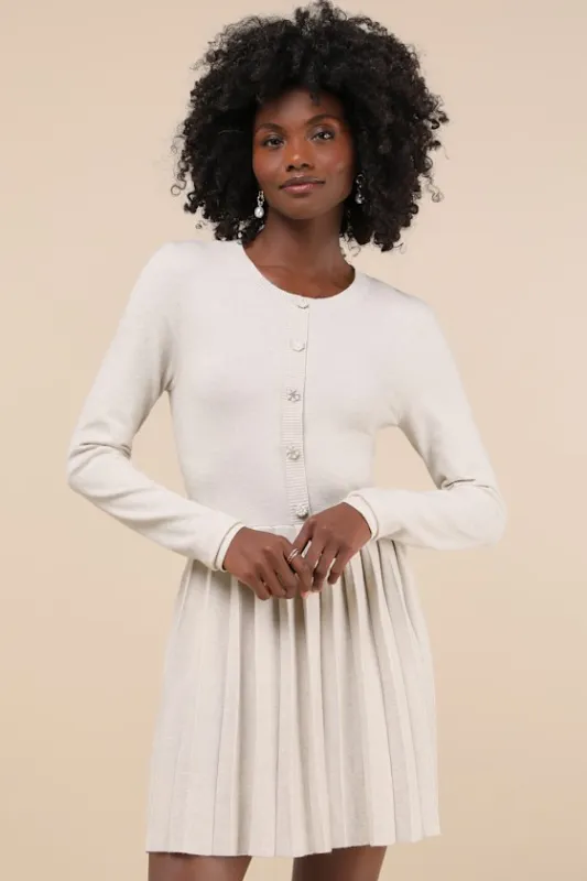 Beyond Sweet Heathered Beige Pearl Pleated Mini Sweater Dress sold by Lulus