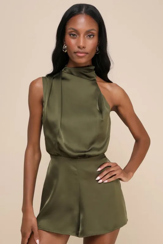 Advantageous Perfection Olive Green Satin Asymmetrical Romper sold by Lulus