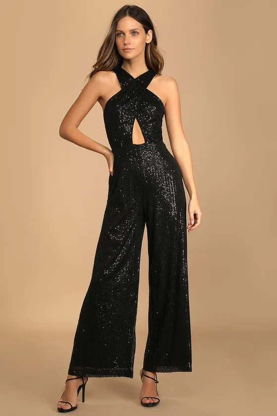 Shining Confidence Black Sequin Cutout Halter Wide-Leg Jumpsuit sold by Lulus