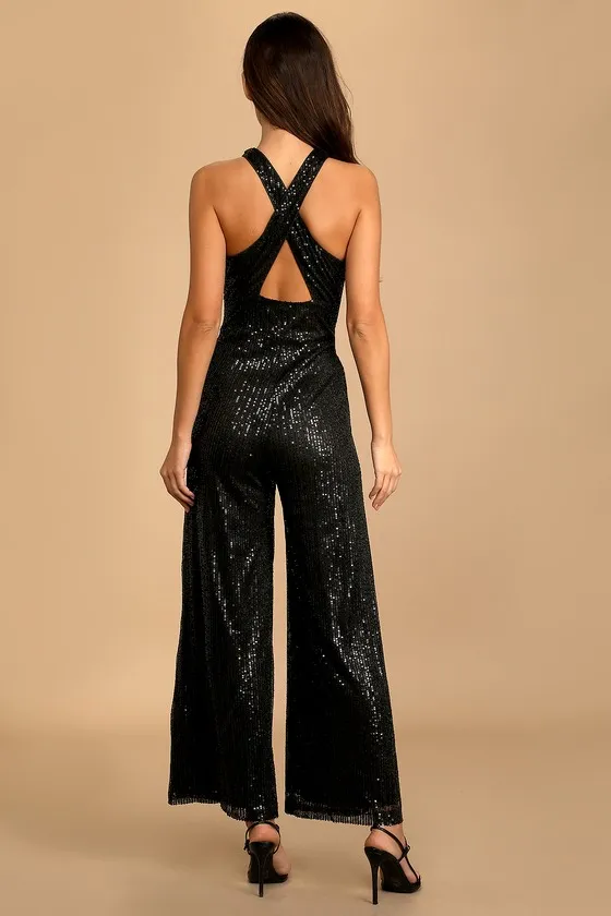 Shining Confidence Black Sequin Cutout Halter Wide-Leg Jumpsuit sold by Lulus product image thumbnail 4